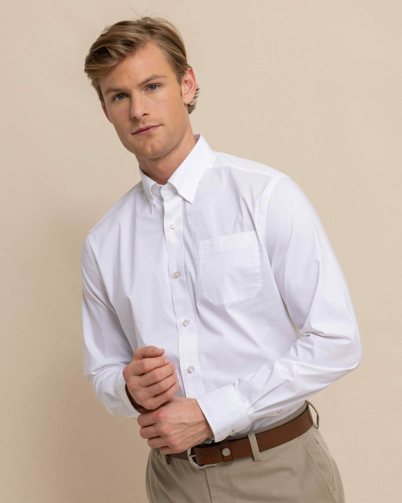 Southern Tide Charleston Overbrook Solid White Sport Shirt For Men