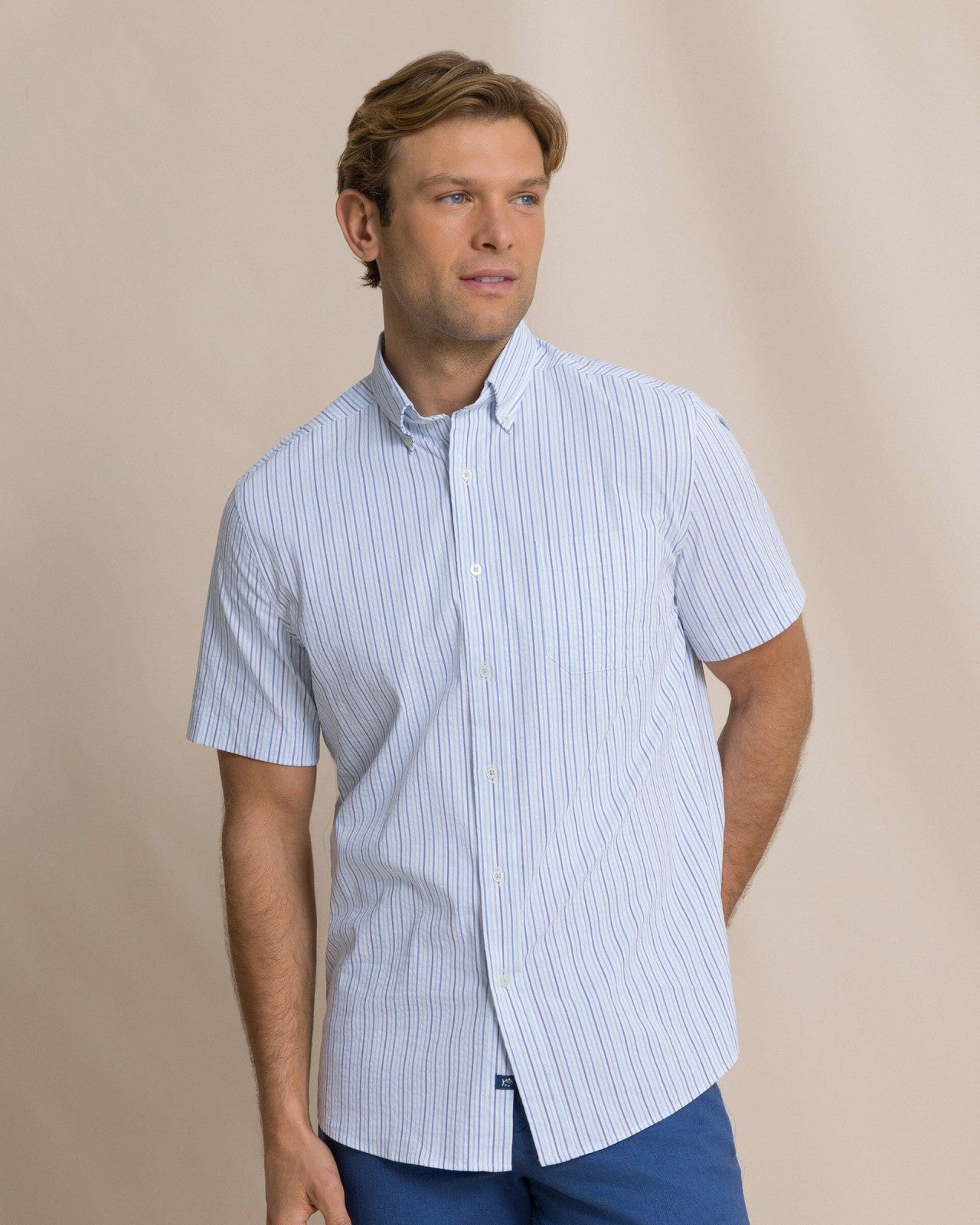 Southern Tide Marina Seersucker Short Sleeve Sport Shirt For Men|Sale