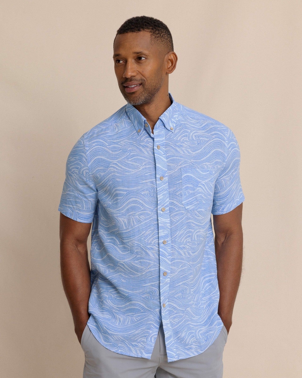 Southern Tide Rolling Waves Short Sleeve Sport Shirt For Men|Sale