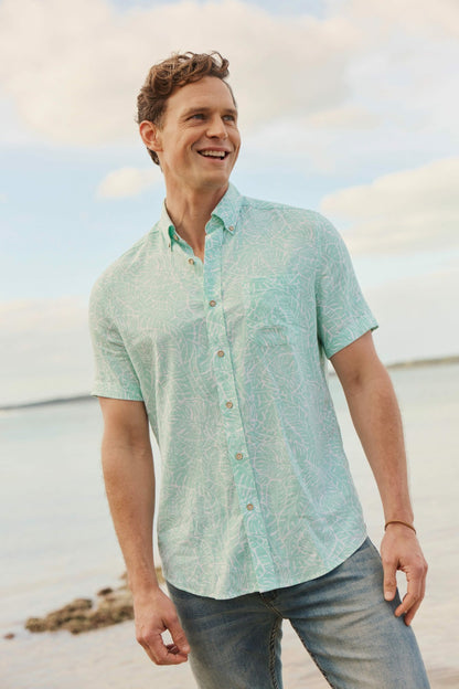 Southern Tide Beach Palms Linen Rayon Short Sleeve Sport Shirt For Men|Sale