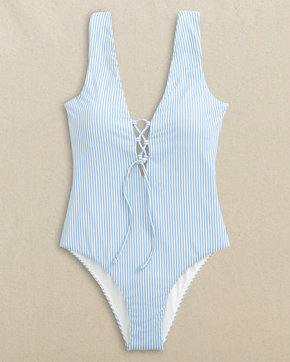 Southern Tide Seersucker Lace-Up One-Piece Swimsuit For Women