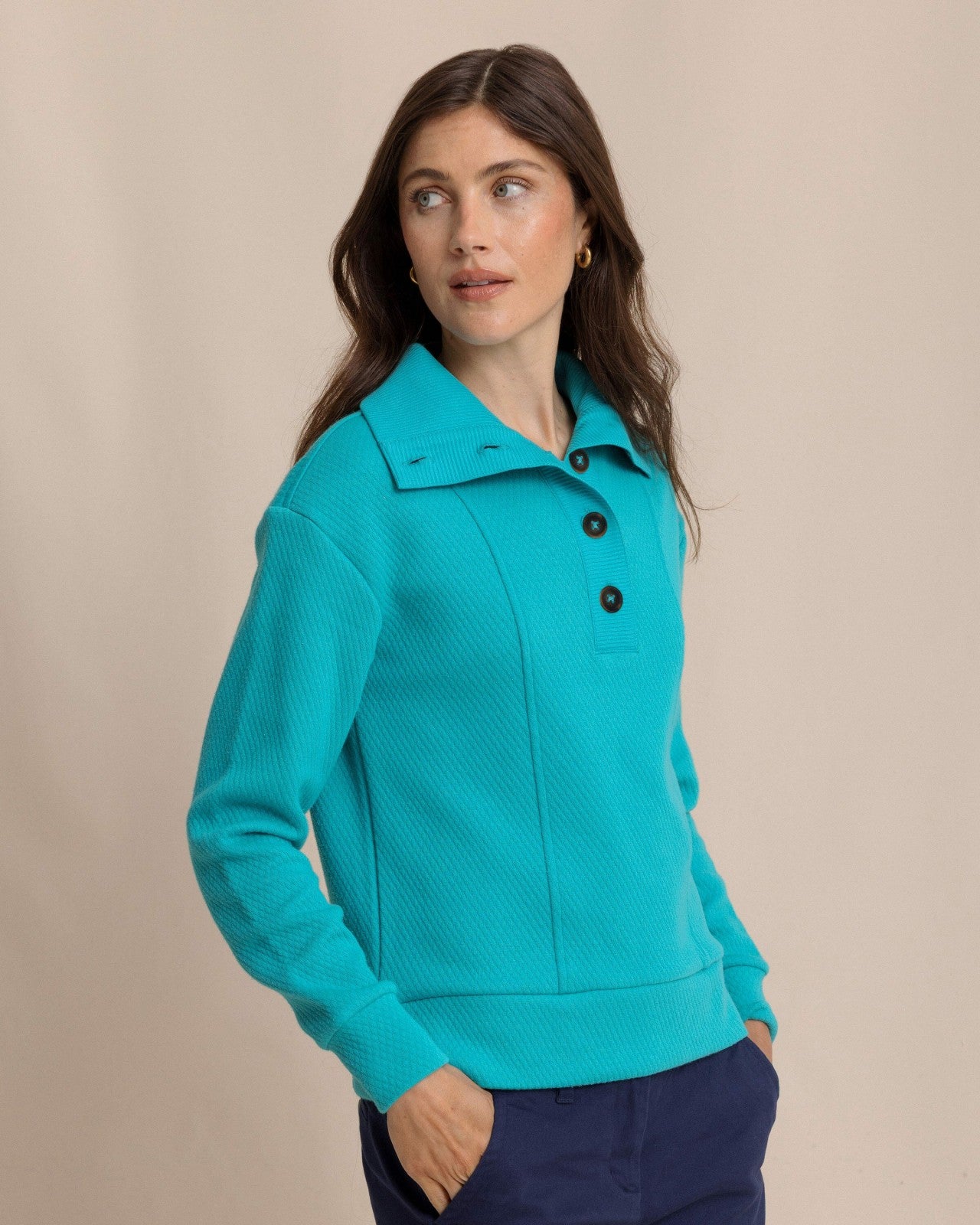 Southern Tide Tonya Button Mock Pullover - Teal For Women|Sale