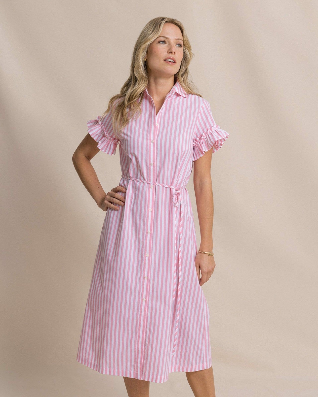 Southern Tide Tyra Striped Ruffle Sleeve Midi Dress For Women|Sale