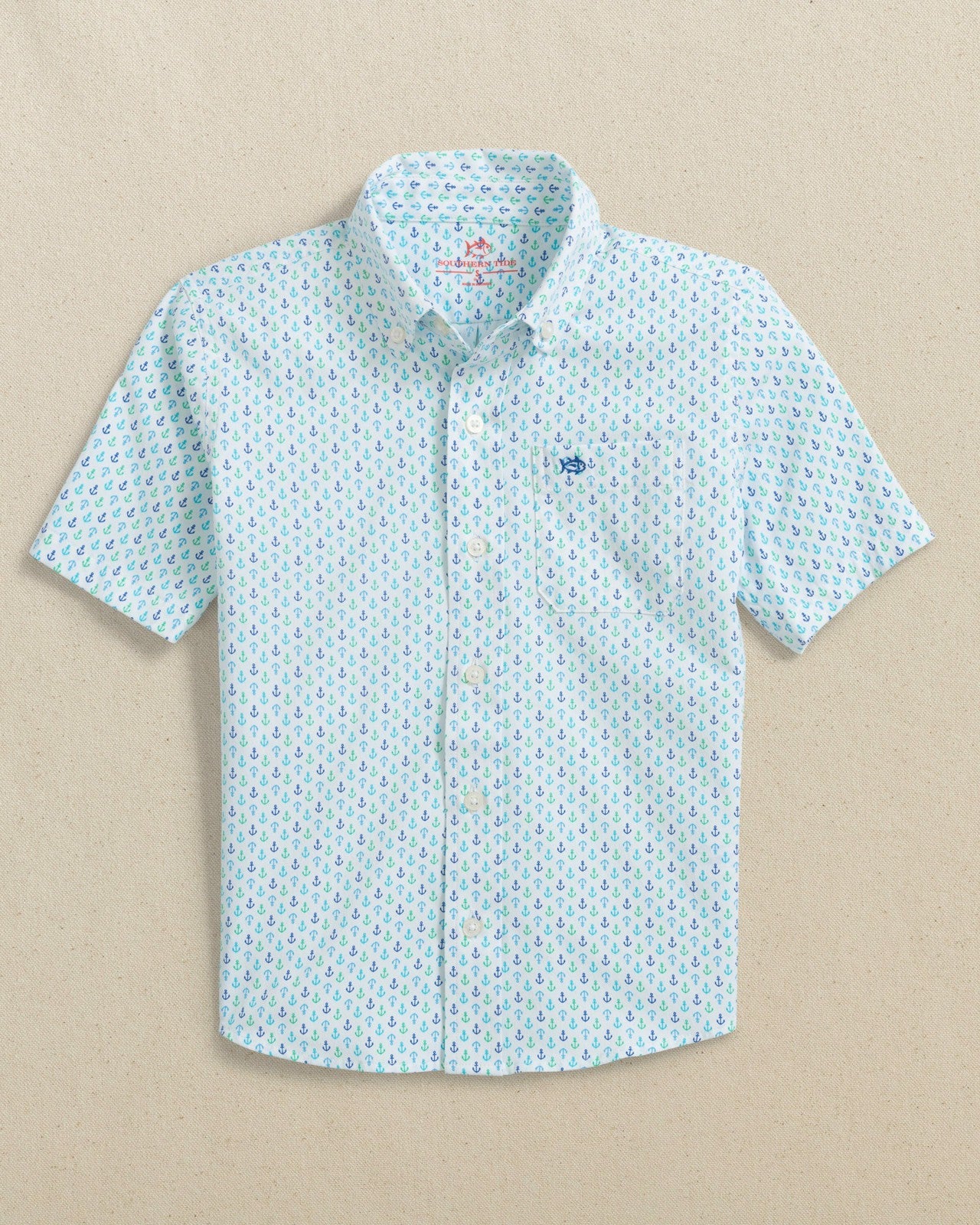 Southern Tide Boys Anchors Away Short Sleeve Sport Shirt For Kids|Sale
