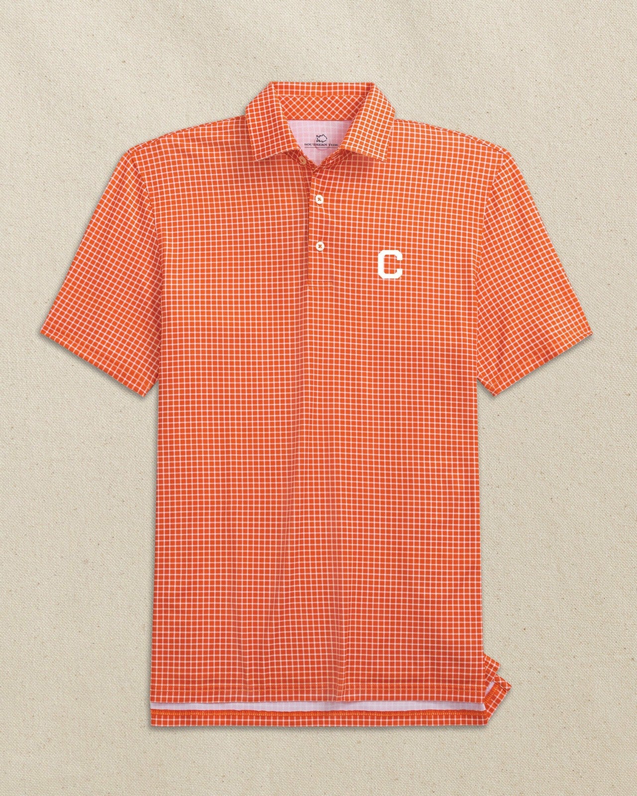 Southern Tide Clemson Tigers Block C Dunes Edge Plaid Polo For Collegiate