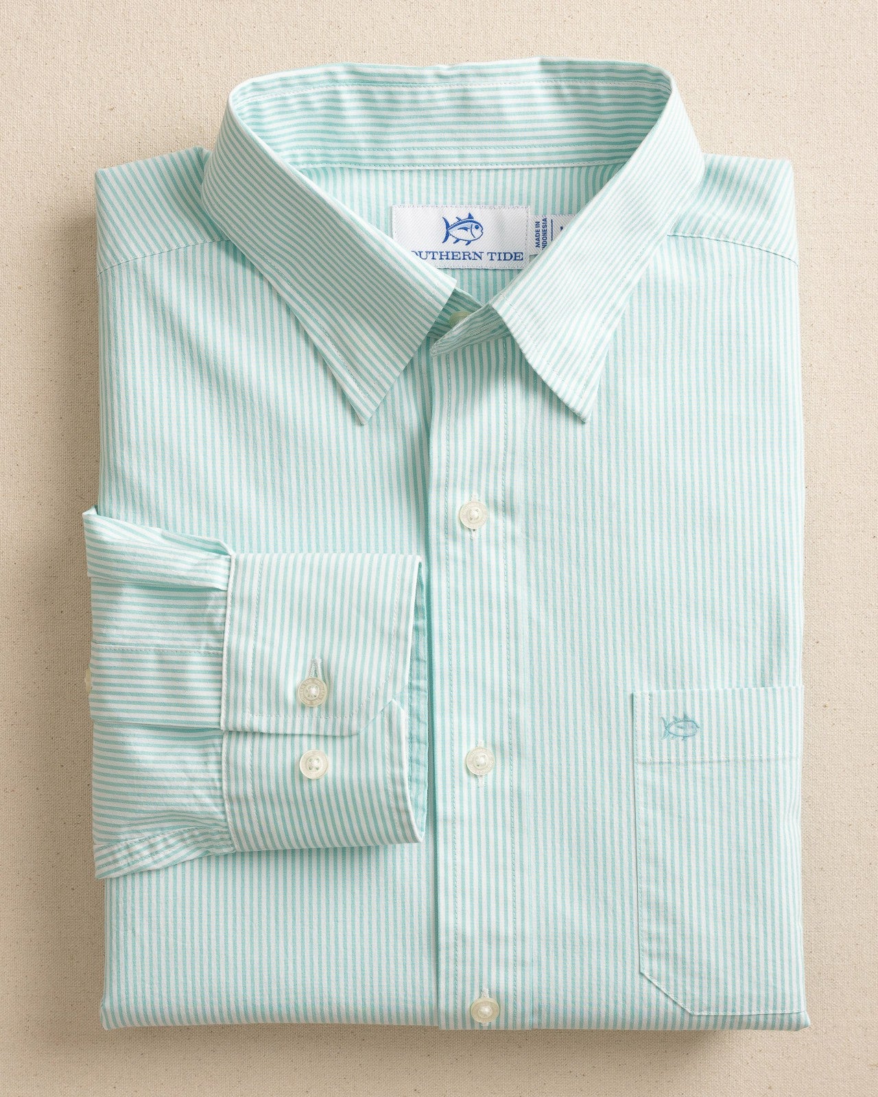 Southern Tide Charleston Mint Granby Stripe Long Sleeve Shirt For Sale