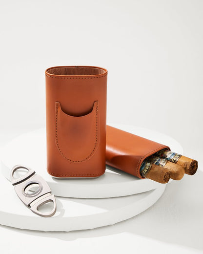 Tommy Bahama | Ashton 3-Cigar Leather Case and Cutter / Brown