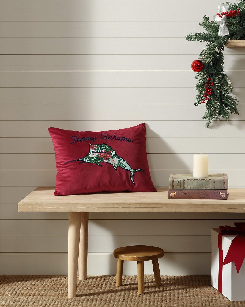 Tommy Bahama | Holiday Marlin Velvet Embroidered Decorative Pillow / Red