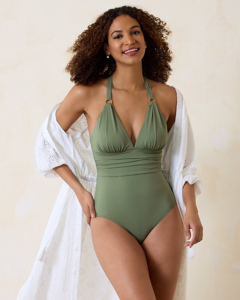 Tommy Bahama | Paradise Fronds V-Neck One-Piece Swimsuit / Tea Leaf