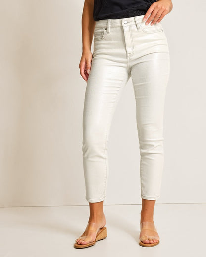 Tommy Bahama | Metallic High-Rise Ankle Jeans / White