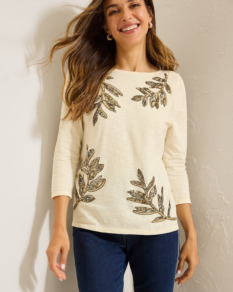 Tommy Bahama | Forever Fronds Embellished Lux 3/4-Sleeve T-Shirt / Coconut