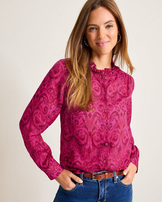 Tommy Bahama | Seaside Ikat Long-Sleeve Ruffle-Neck Top / Pink Papaya