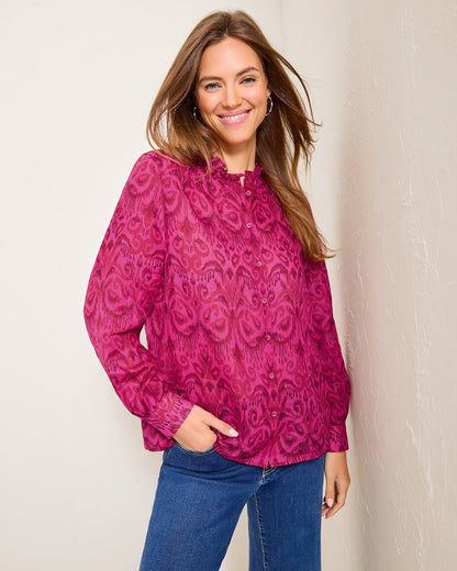 Tommy Bahama | Seaside Ikat Long-Sleeve Ruffle-Neck Top / Pink Papaya