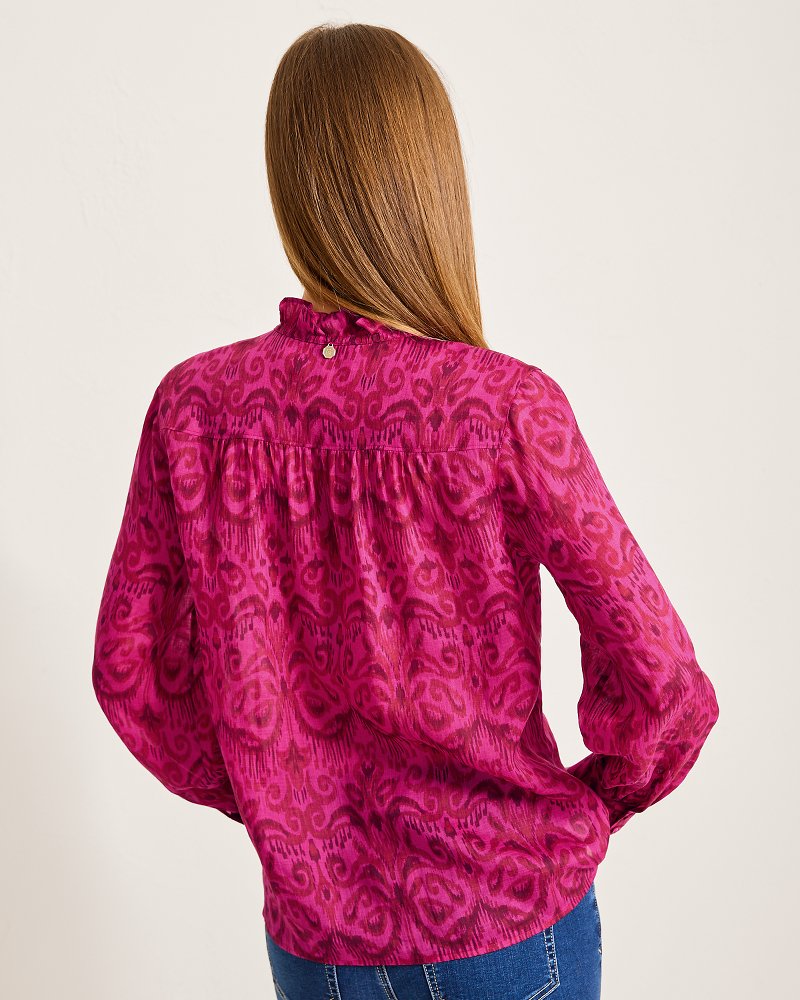 Tommy Bahama | Seaside Ikat Long-Sleeve Ruffle-Neck Top / Pink Papaya