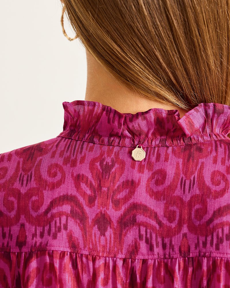 Tommy Bahama | Seaside Ikat Long-Sleeve Ruffle-Neck Top / Pink Papaya