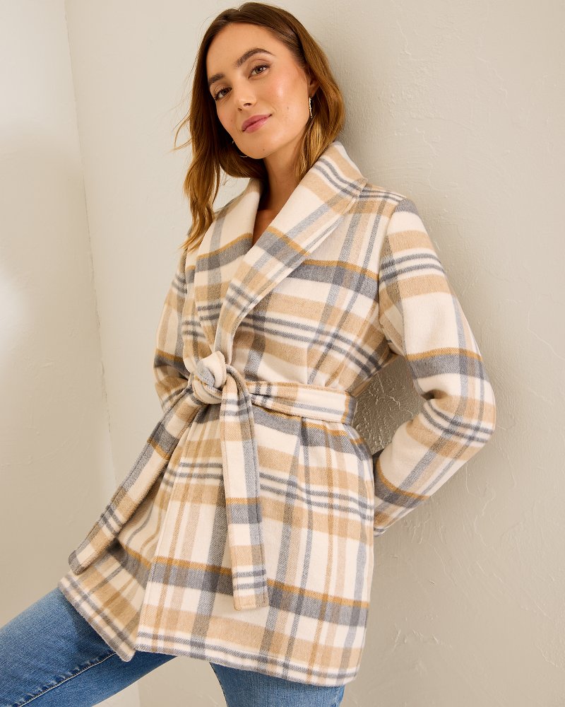 Tommy Bahama | Wooly Plaid Wrap Coat / Neutral