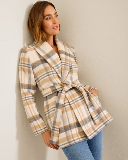Tommy Bahama | Wooly Plaid Wrap Coat / Neutral