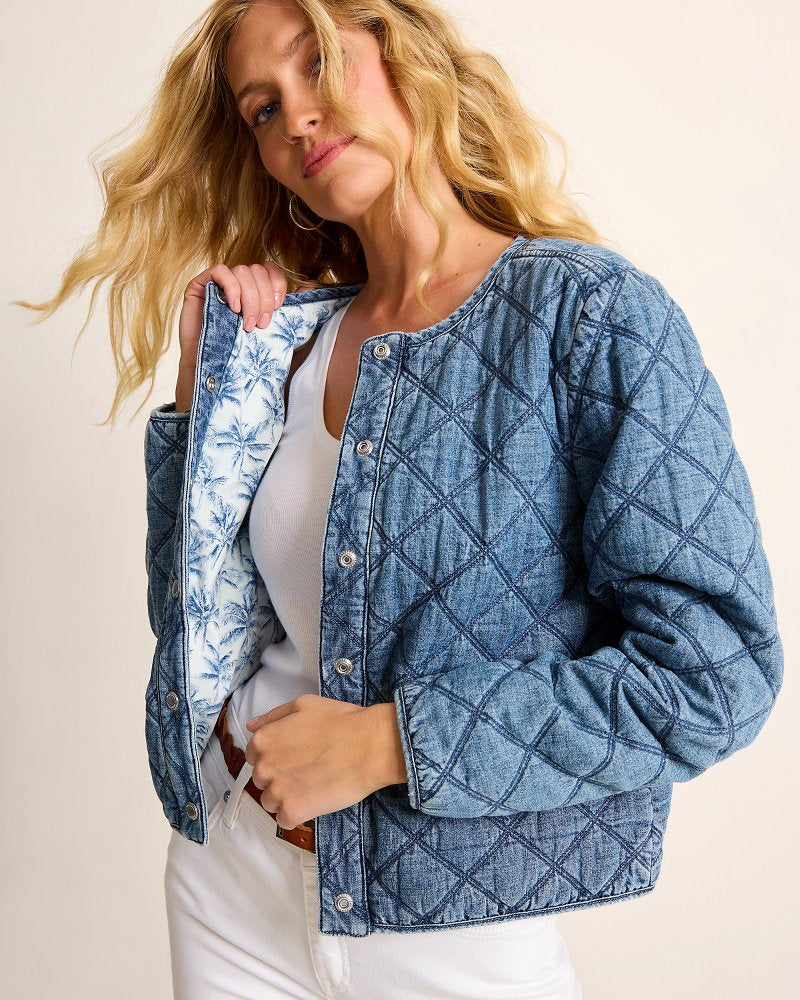 Tommy Bahama | Quilted Cropped Denim Jacket / Vintage Playa Wash