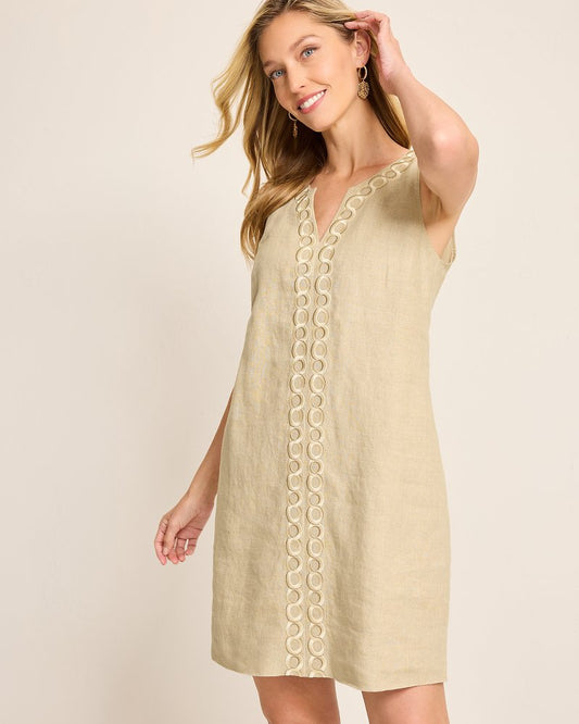Tommy Bahama | Geometric Embroidered Linen Shift Dress / Natural