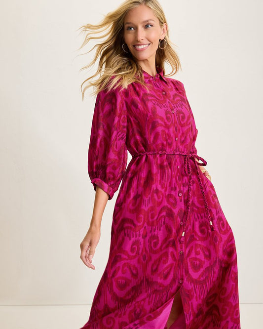 Tommy Bahama | Seaside Ikat Midi Shirt Dress / Pink Papaya
