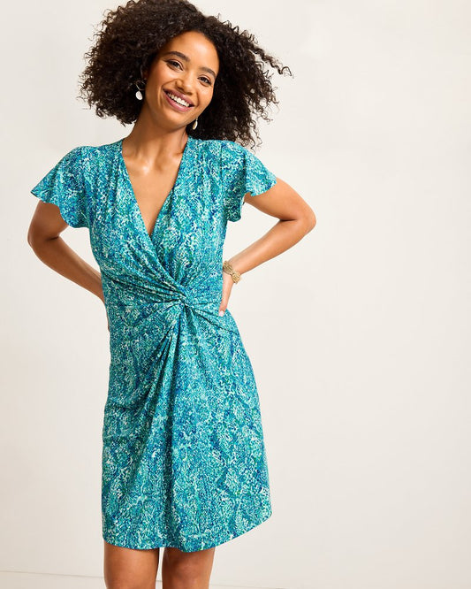 Tommy Bahama | Clara Playa Python Short-Sleeve Faux-Wrap Dress / Atlantis Teal