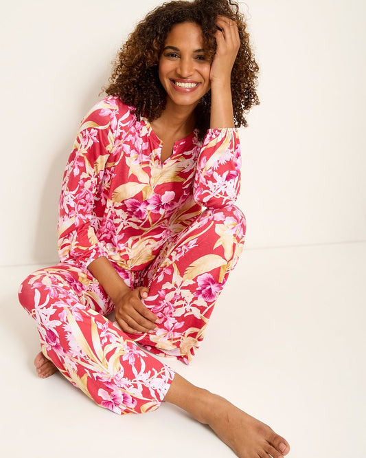 Tommy Bahama | Jersey Split-Neck Long Sleeve & Pants Pajama Set / Fuchsia Red