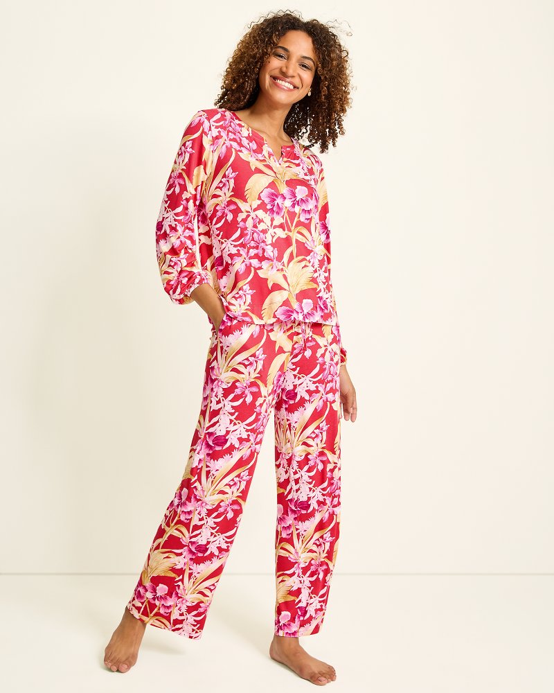 Tommy Bahama | Jersey Split-Neck Long Sleeve & Pants Pajama Set / Fuchsia Red